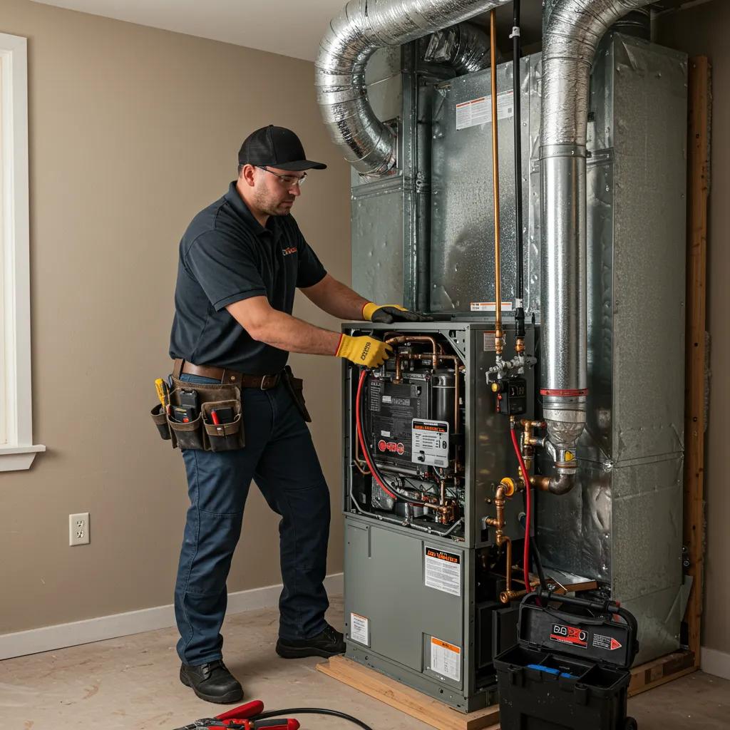 Choosing the Right Heater: Essential Tips for Homeowners 2 HVAC technician installing a furnace in a residential home, highlighting professional service