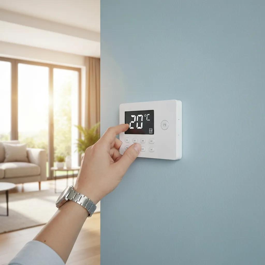 Hand adjusting a modern thermostat, illustrating control over home heating