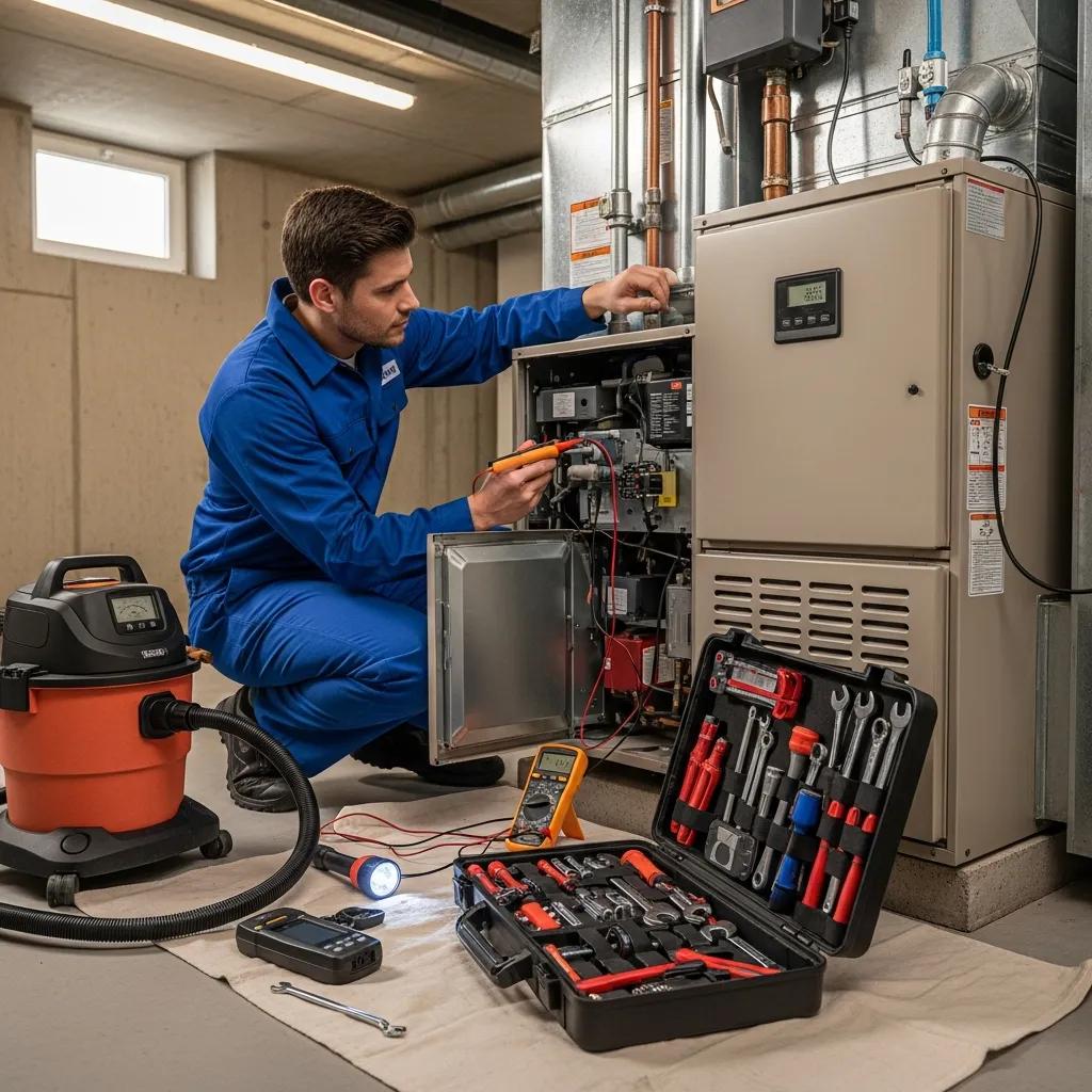 HVAC technician performing routine maintenance on a furnace to show benefits of preventative care
