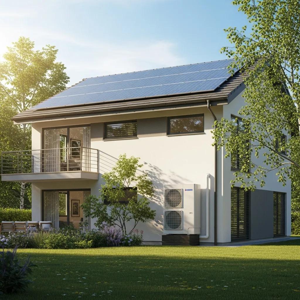 Modern home showcasing energy-efficient HVAC systems and solar panels