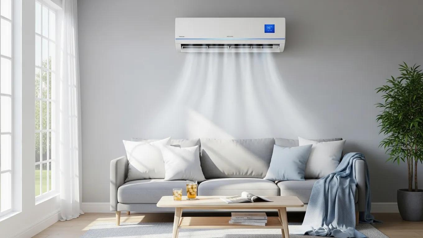 Air conditioning unit in a cozy living room, illustrating effective cooling solutions