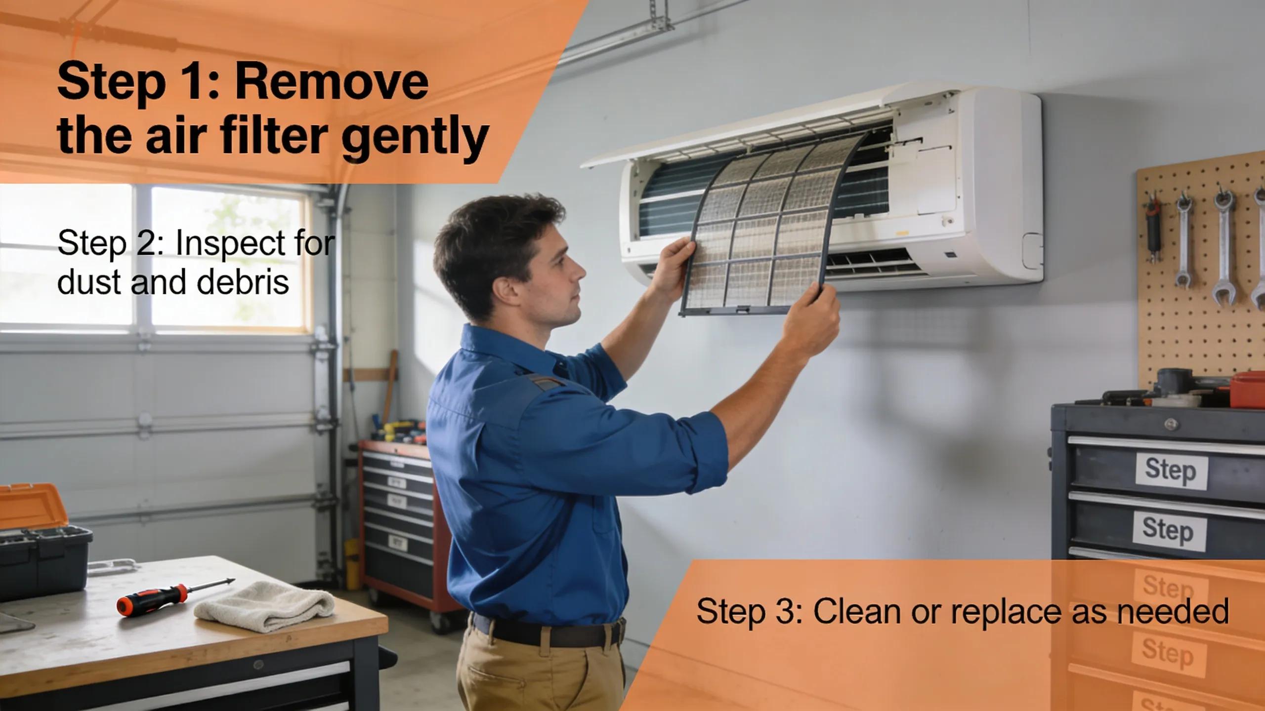 Person inspecting and replacing air filter in an air conditioning unit