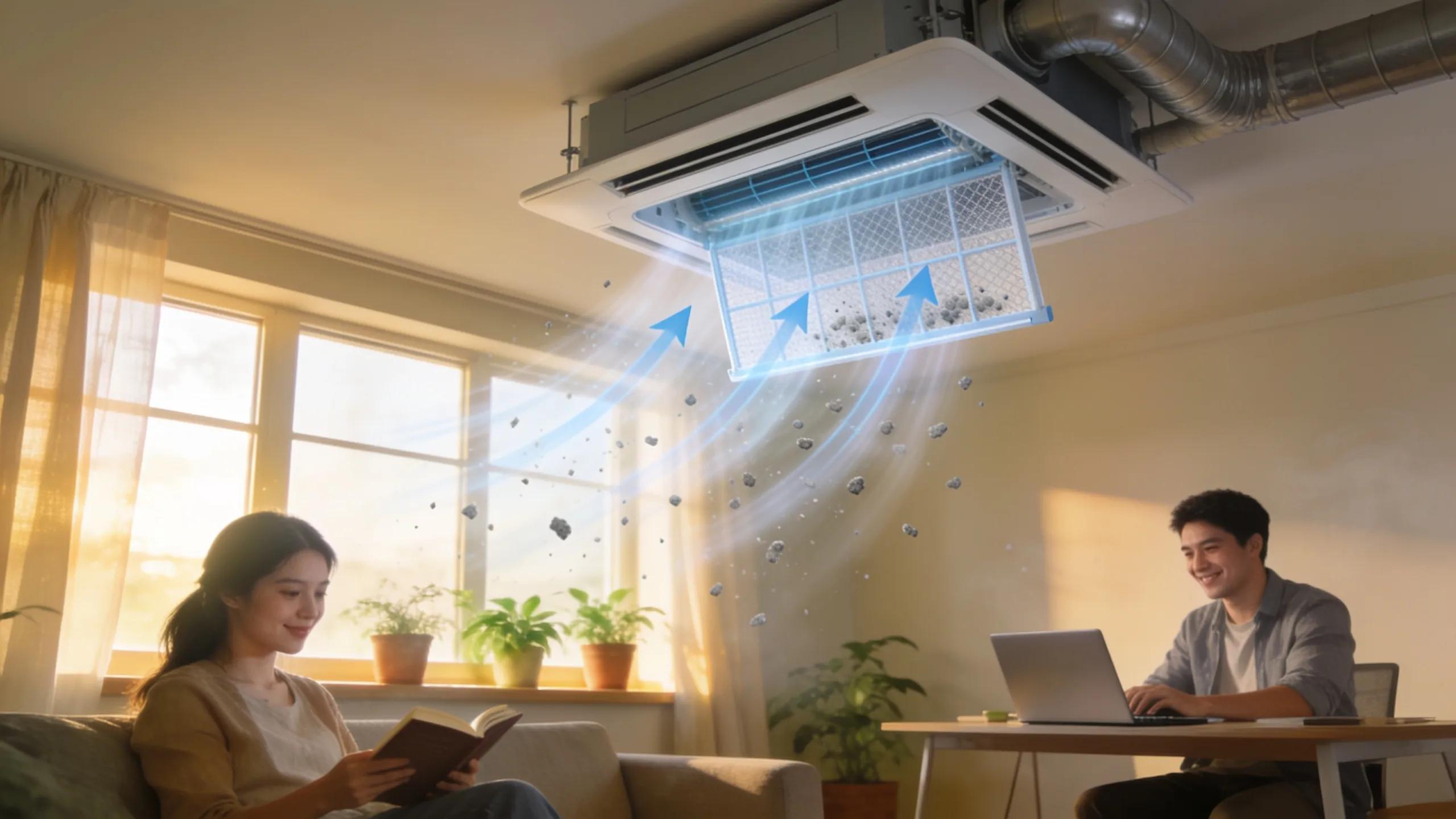 Clean air flow through an HVAC system, symbolizing improved indoor air quality and health benefits