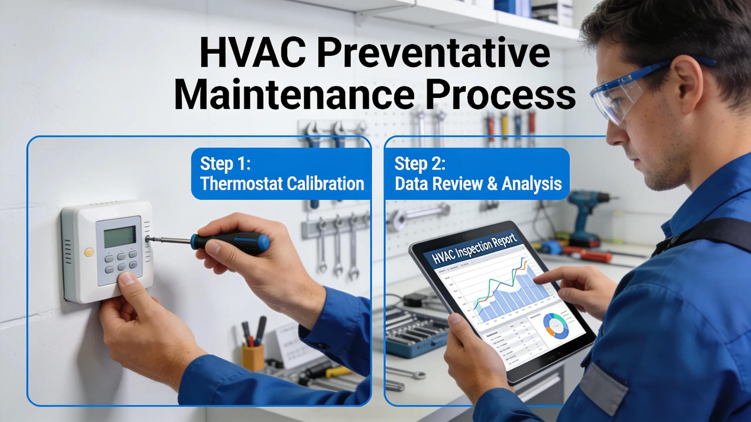 Technician calibrating a thermostat during HVAC preventative maintenance, demonstrating inspection effectiveness