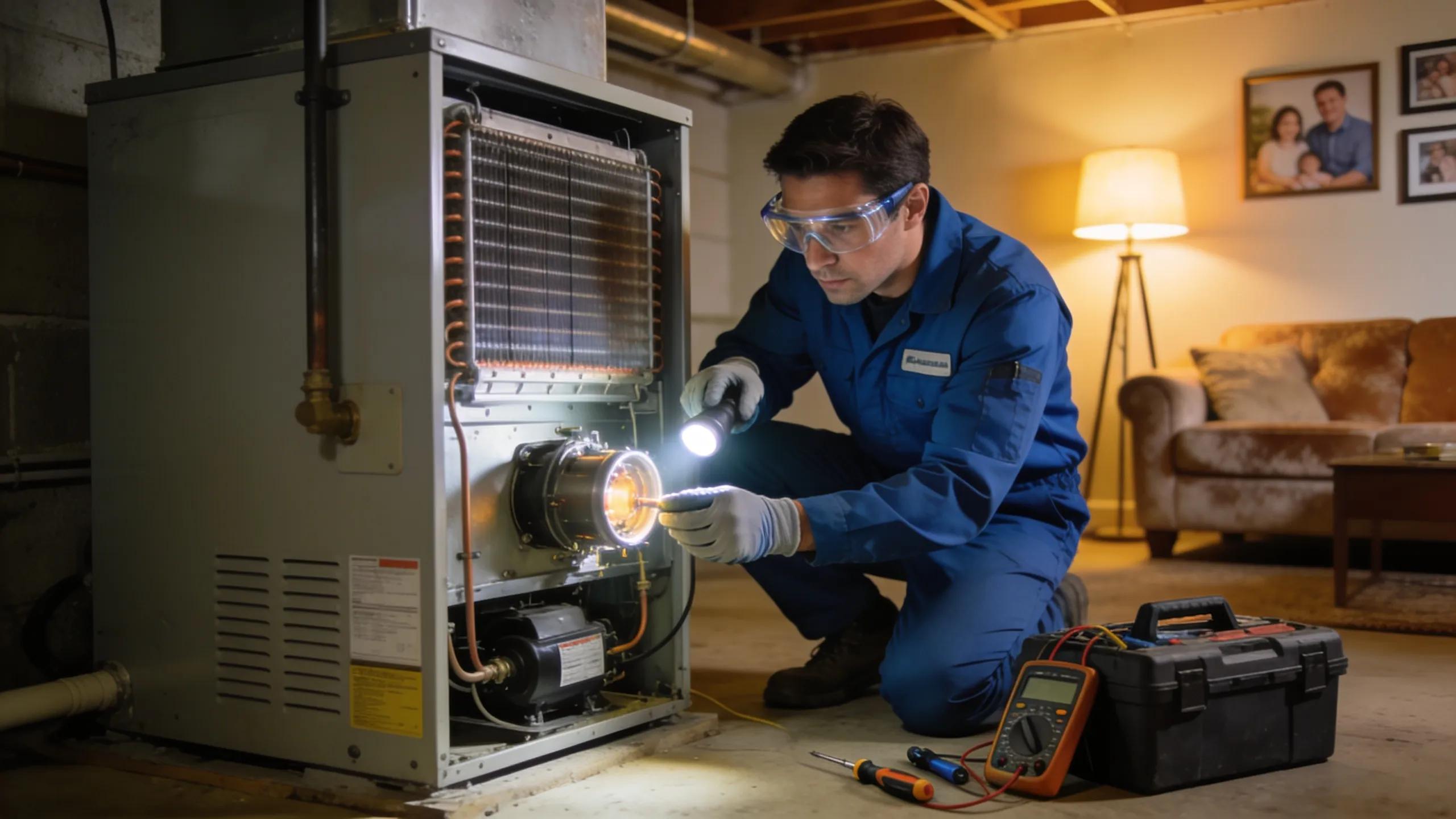 HVAC technician inspecting a furnace in a residential setting, highlighting the importance of regular system checks